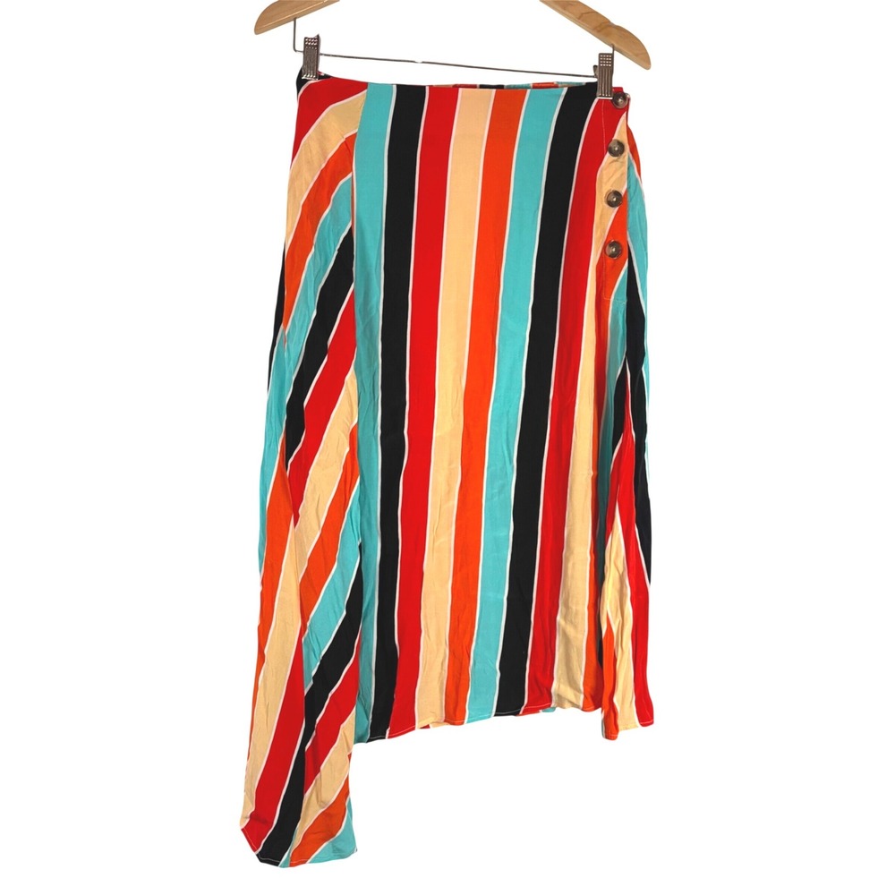 ASTR The Label Womens Striped Midi Skirt Red Black Teal Button Slit ACS9020 M